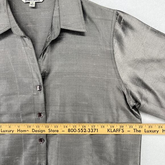 TRAVELSMITH Shirt Womens L Pure Silk Dupioni Button Up Long Sleeve Gray - Picture 12 of 14